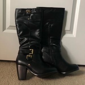 NWT Black Leather Buckle Strap Heel Boots
